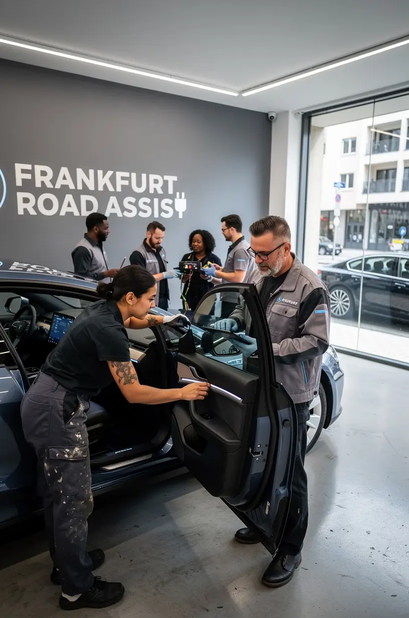 Notfallreparatur an einem Motor unter freiem Himmel durch erfahrene Straßenhilfetechniker